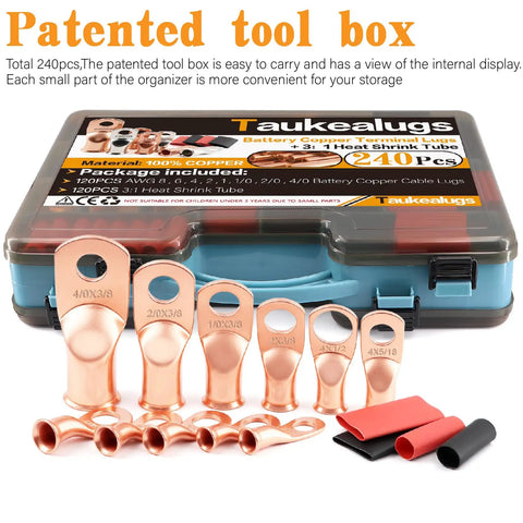 Ultimate Battery Terminal Kit With 240 Pcs Copper Ring Lugs And Crimp Connectors For AWG 8 To 4/0 Gauge with two-sided box