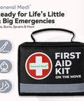 Compact 150 Piece First Aid Kit With Instant Cold Pack And Emergency Blanket in black nylon bag with handle.
