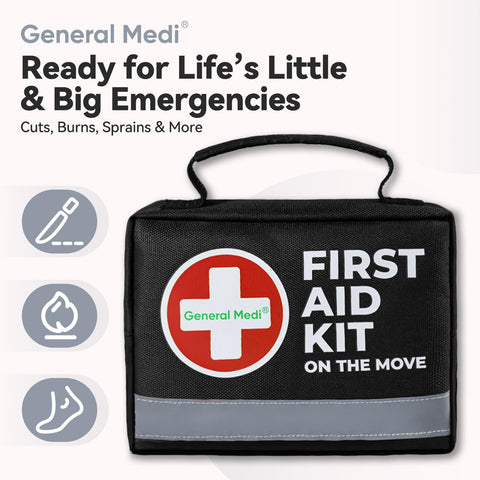 Compact 150 Piece First Aid Kit With Instant Cold Pack And Emergency Blanket in black nylon bag with handle.