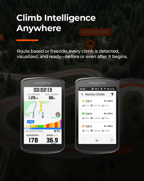 Smart GPS Bike Computer With A 3.3 Inch Color Touchscreen displaying climb data and navigation features, turn by turn map navigation
