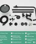 Matte Black Outdoor Shower System With 8 Inch Rain Shower Head, Handheld Spray, Tub Spout, Two Cross Handles, Wall Mounted Faucet Set, Solid Brass Construction For Bathroom Or Backyard parts layout