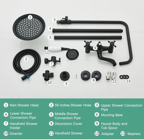 Matte Black Outdoor Shower System With 8 Inch Rain Shower Head, Handheld Spray, Tub Spout, Two Cross Handles, Wall Mounted Faucet Set, Solid Brass Construction For Bathroom Or Backyard parts layout