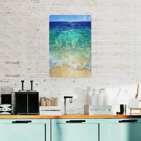 Wall-mounted seascape art in kitchen, ocean waves on white brick backdrop