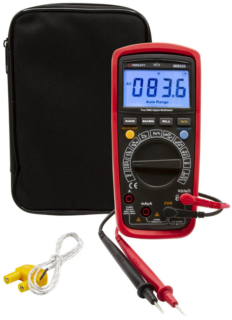 True RMS 6000 Count Digital Multimeter With Low Pass Filter And NCV Detector, Pro Grade DMM, leads, temp probe, pouch displayed