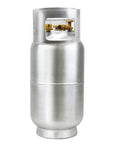 Front view of Flame King aluminum forklift propane tank with gauge, 33.5 lb, silver
