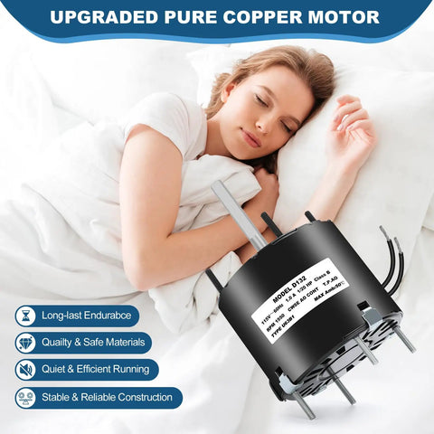 3.3 Inch Frame Shaded Pole Motor 1/20 HP, 1550 RPM, 115V 60Hz held by sleeping woman, showing compact design and quiet operation