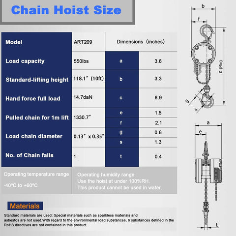 Compact Mini Hand Chain Hoist Built Tough With One Quarter Ton Capacity, 10ft Lift, Dual Chains, 0.8 Inch Hook, 550lb Manual Chain Fall For Garage, Engine Lifts And Workshop Use, size chart