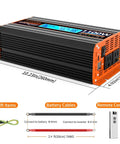 1100 Watt Pure Sine Wave Inverter For RV And Off Grid Power Converts 12V DC To 110 And 120 VAC displayed with dimensions and accessories