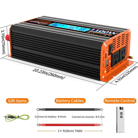 1100 Watt Pure Sine Wave Inverter For RV And Off Grid Power Converts 12V DC To 110 And 120 VAC displayed with dimensions and accessories