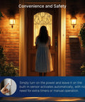 Outdoor Dusk to Dawn LED Bulb 8W 100W Equivalent lighting a porch at night, highlighting convenience and security features.