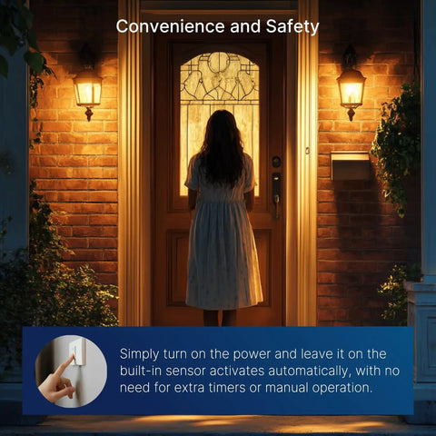 Outdoor Dusk to Dawn LED Bulb 8W 100W Equivalent lighting a porch at night, highlighting convenience and security features.