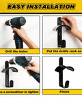Installation steps for Wall Mount Horse Bridle Rack Black Metal Bridle Holder with hooks and screws for barn tack room storage.