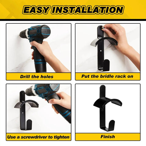 Installation steps for Wall Mount Horse Bridle Rack Black Metal Bridle Holder with hooks and screws for barn tack room storage.