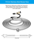 Coiled 119-inch stainless steel shower hose with brass insert, nut, and anti-twist design. All Metal Shower Hose 119 Inch.