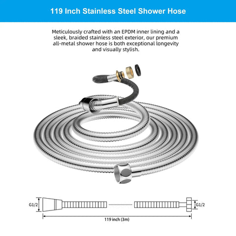 Coiled 119-inch stainless steel shower hose with brass insert, nut, and anti-twist design. All Metal Shower Hose 119 Inch.