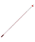 Your Go To General Purpose Lab Thermometer With Total Immersion Glass For Labs Classrooms Universities And Food And Beverage Processing From Minus Twenty To One Hundred Fifty Degrees Celsius showing red spirit liquid and glass design.