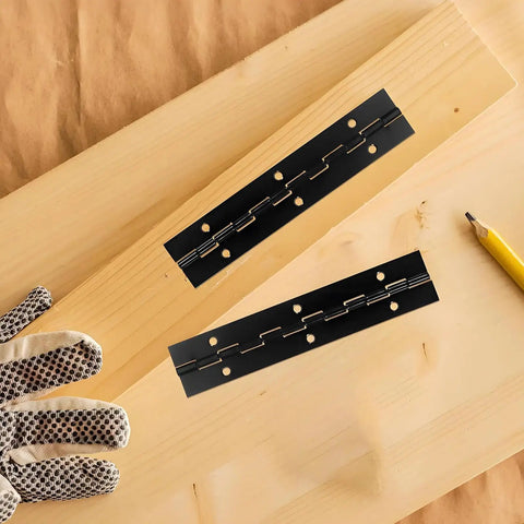 Stainless Steel Piano Hinge Kit Two Pack Six Inch Heavy Duty Continuous Cabinet Hardware displayed on wood with gloves.