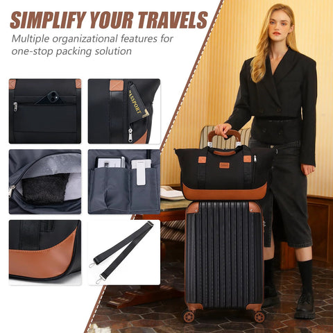 Cosbarn 5‑piece luggage set with spinner wheels, black ABS hard shell with tan accents (front view)