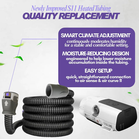 Climate Line Air Tube for AirSense 11 and AirCurve 11 next to CPAP device, showing smart temperature, moisture control features