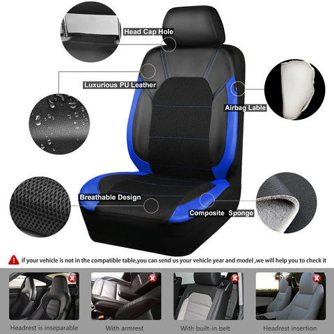 Air Mesh Leather Car Seat Cover Full Set With Waterproof Floor Mats And Sporty Steering Wheel Cover 14.5 To 15In Universal Fit black blue