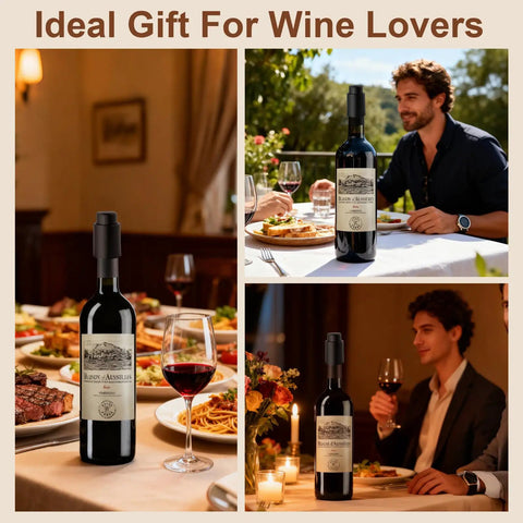 Two Pack Premium Vacuum Wine Stopper Set With Time Scale Airtight Wine Bottle Preserver at a dinner party setting
