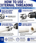 How to use Three Piece PVC Pipe Threader Kit With Dual Internal And External Threading For Half Inch, Three Quarter Inch, And One Inch Pipes, Built Tough Carbon Steel, Drill Compatible, DIY Plumbing And Water Pipe Repairs on PVC pipe