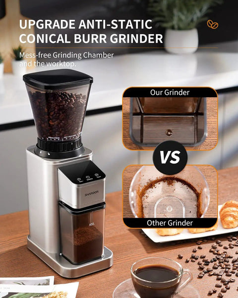 Conical Burr Coffee Grinder With 48 Grind Settings For Espresso, Drip And French Press, Upgraded Anti Static Tech, Precision Timer, And Boss Grade Stainless Steel Build with beans in hopper and grind chamber.