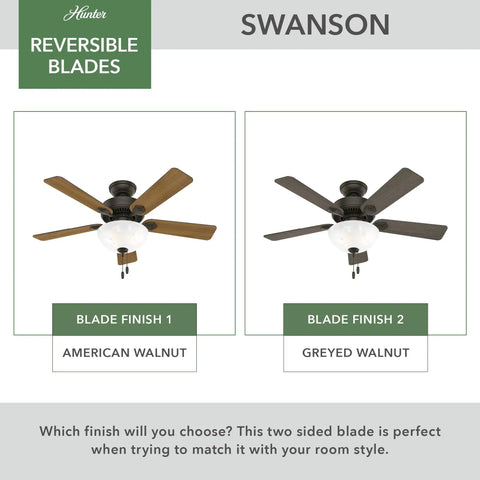 44 Inch Indoor Ceiling Fan With LED Light Bronze Finish Pull Chain 5 Blades American Walnut and Greyed Walnut Options