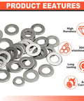 600 Piece Flat Washers Set For Screws And Bolts 304 Stainless Steel Assortment Kit With 7 Sizes showing features like hardness and anti-corrosion.
