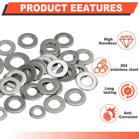 600 Piece Flat Washers Set For Screws And Bolts 304 Stainless Steel Assortment Kit With 7 Sizes showing features like hardness and anti-corrosion.
