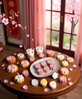 White Cherry Blossom Mooncake Mold With 30g Hand Press Cookie Stamp Six Petal Pastry Imprinter and decorated pastries on a table.