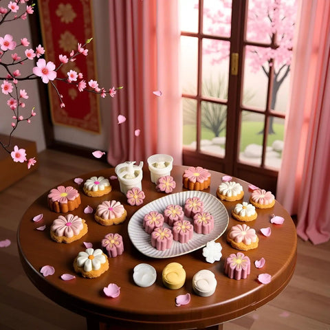 White Cherry Blossom Mooncake Mold With 30g Hand Press Cookie Stamp Six Petal Pastry Imprinter and decorated pastries on a table.