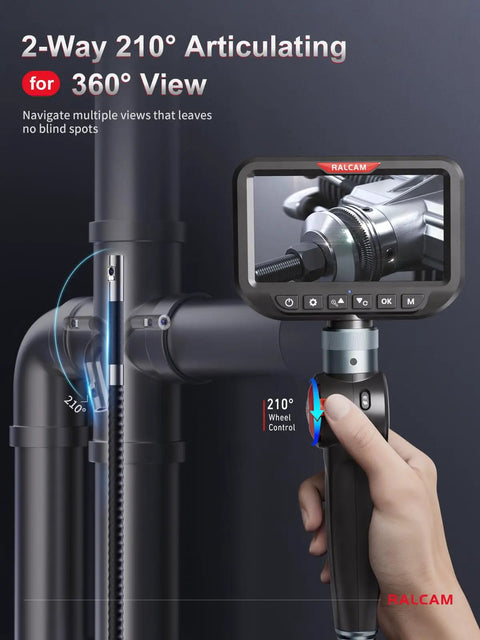 Dual Lens Articulating Borescope With Light Slim Probe And 5 Inch IPS Screen High-Res Imaging For Front And Side Angle Inspections In Engines Pipes And Machinery Time-Saving See Blind Spots And Repositioning Avoided, hand-held view
