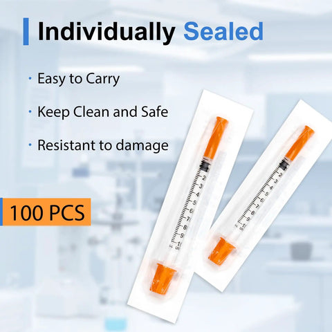 Individually Wrapped 100 Pack Disposable Syringes One Milliliter 30 Gauge Half Inch For Lab And Home Use packaging image