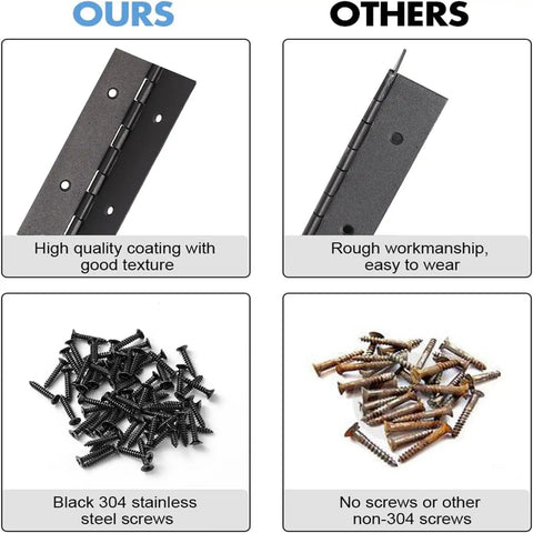 Comparison image of Top Shelf Hella Durable 2 Pack 18 Inch Black Stainless Steel Full Length Piano Hinges with screws.