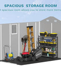 6x10 Ft Plastic Storage Shed With Floor Lockable Door And Windows Waterproof Outdoor Garden Tool Shed interior view with tools