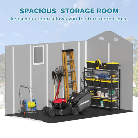 6x10 Ft Plastic Storage Shed With Floor Lockable Door And Windows Waterproof Outdoor Garden Tool Shed interior view with tools