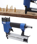 Heavy Duty 18 Gauge Pneumatic Brad Nailer Drives 3 8 To 2 Inch Finish Nails For Trim And Carpentry, closeup of air tool and nails.