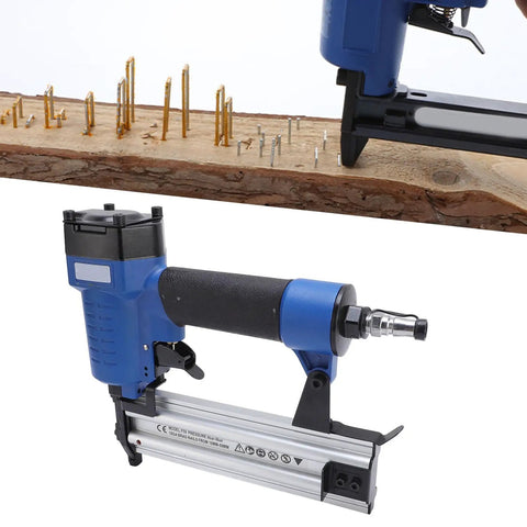 Heavy Duty 18 Gauge Pneumatic Brad Nailer Drives 3 8 To 2 Inch Finish Nails For Trim And Carpentry, closeup of air tool and nails.