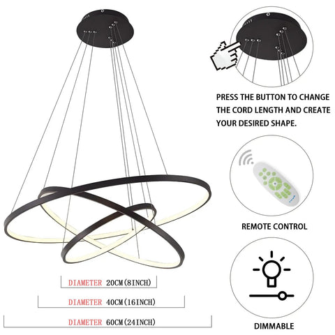 Lit Three Ring Modern LED Chandelier Pendant Light features adjustable cables and remote control, black finish, 60 40 20 cm.