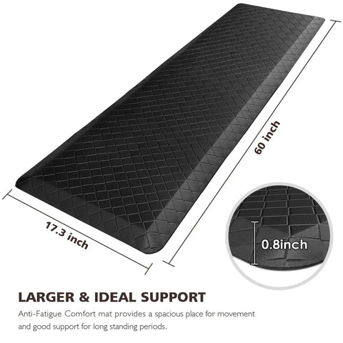 Ergonomic Anti Fatigue Kitchen Floor Mat 4 To 5 Inch Thick Waterproof Non Slip Rug, black, dimensions shown with close-up texture view.