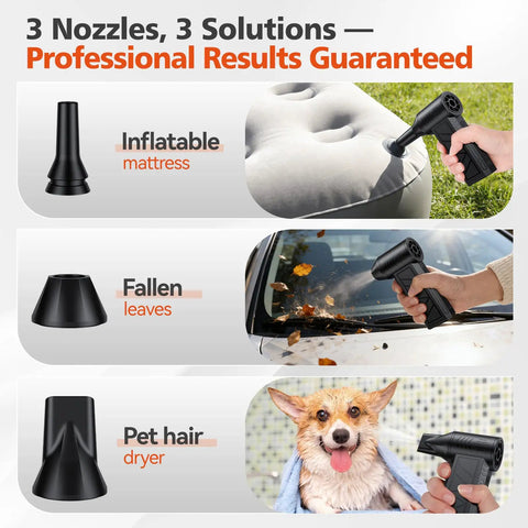 Person using Cordless Air Duster With 130000 RPM Motor, 50 Meters Per Second Hurricane Wind on inflatable mattress, fallen leaves, pet hair