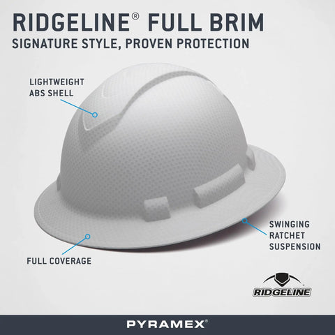 Ridgeline Full Brim Hard Hat With 4 Point Ratchet Suspension Lightweight ABS Build Matte White Graphite Pattern