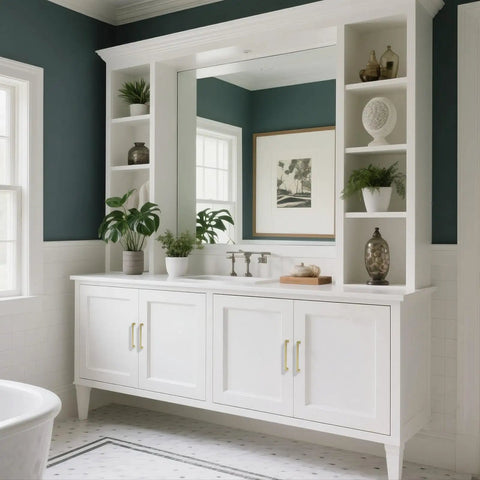 Stylish bathroom vanity featuring a large mirror, white cabinetry, and decorative plants, highlighted with 10 Pack Top Shelf Brushed Gold Cabinet Pulls With 96 mm Hole Center Heavy Duty Zinc Alloy Drawer Handles For Kitchen Cabinets Dressers And Wardrobes Sleek Hardware Choice.