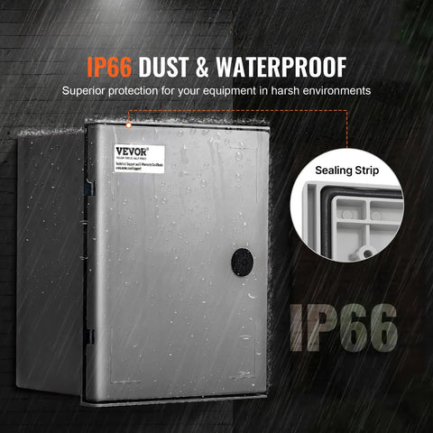 Heavy Duty Fiberglass Electrical Enclosure Box 12X10X6 Inch IP65 Waterproof And Dustproof Outdoor Junction Cabinet With Rubber Gasket And Mounting Bracket Built Like A Tank shown with sealing strip and rain protection.