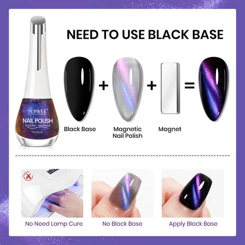 9D Magnetic Cat Eye Nail Polish Kit With Magnet Quick Dry Finish Dope Holographic Galaxy Lacquer That Requires Black Base Coat Non Gel Nail Polish For Women Girls 16ml Fast Dry Manicure showing application process and finishes.