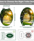 Resin Toilet Seat for Home Bathroom showing measurements and design, suitable for elongated toilets, 18.5 inches.