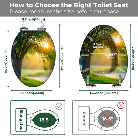 Resin Toilet Seat for Home Bathroom showing measurements and design, suitable for elongated toilets, 18.5 inches.