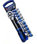 Beefy 12 Piece Socket Wrench Set With Half Inch Drive 10 To 24mm Metric Sockets in chrome vanadium steel with ratchet.