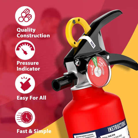 Close-up of ABC Fire Extinguisher For Home And Vehicle With Quick Release Handle Dry Chemical Fire Safety For Kitchen Car Boat Use